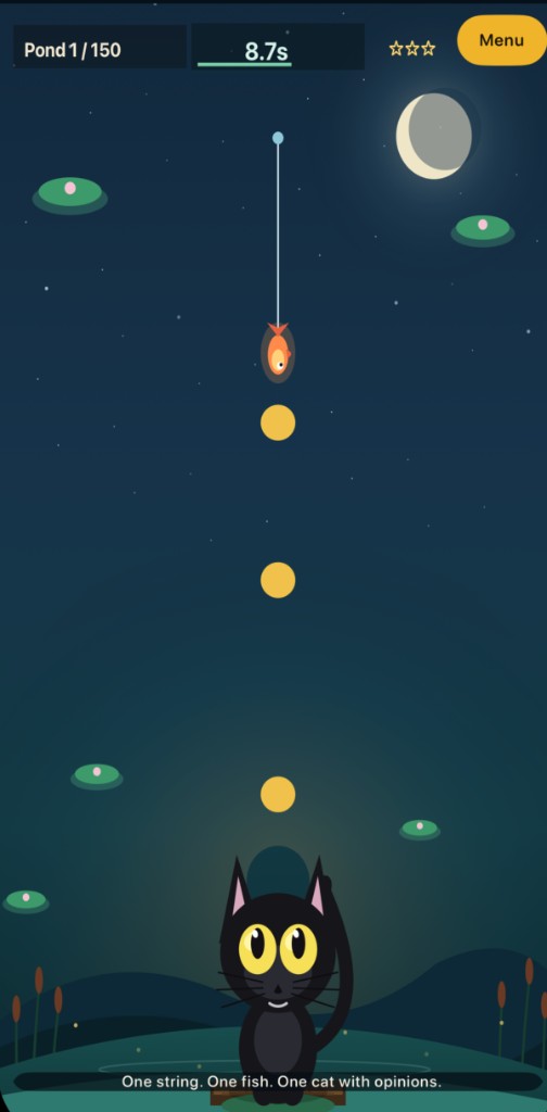 Feed Miso gameplay on Pond 1: fish on silk, coins, and Miso the cat