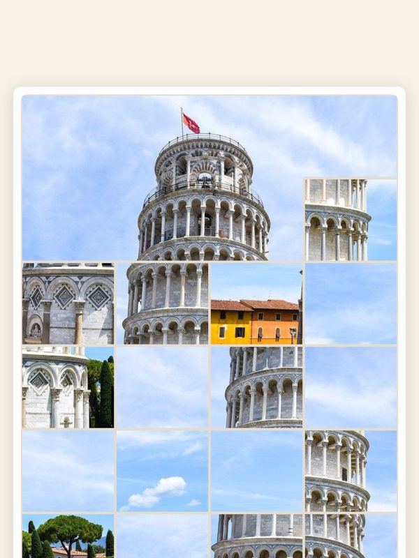 Postcard Snap gameplay — a photo of the Leaning Tower of Pisa being snapped back together
