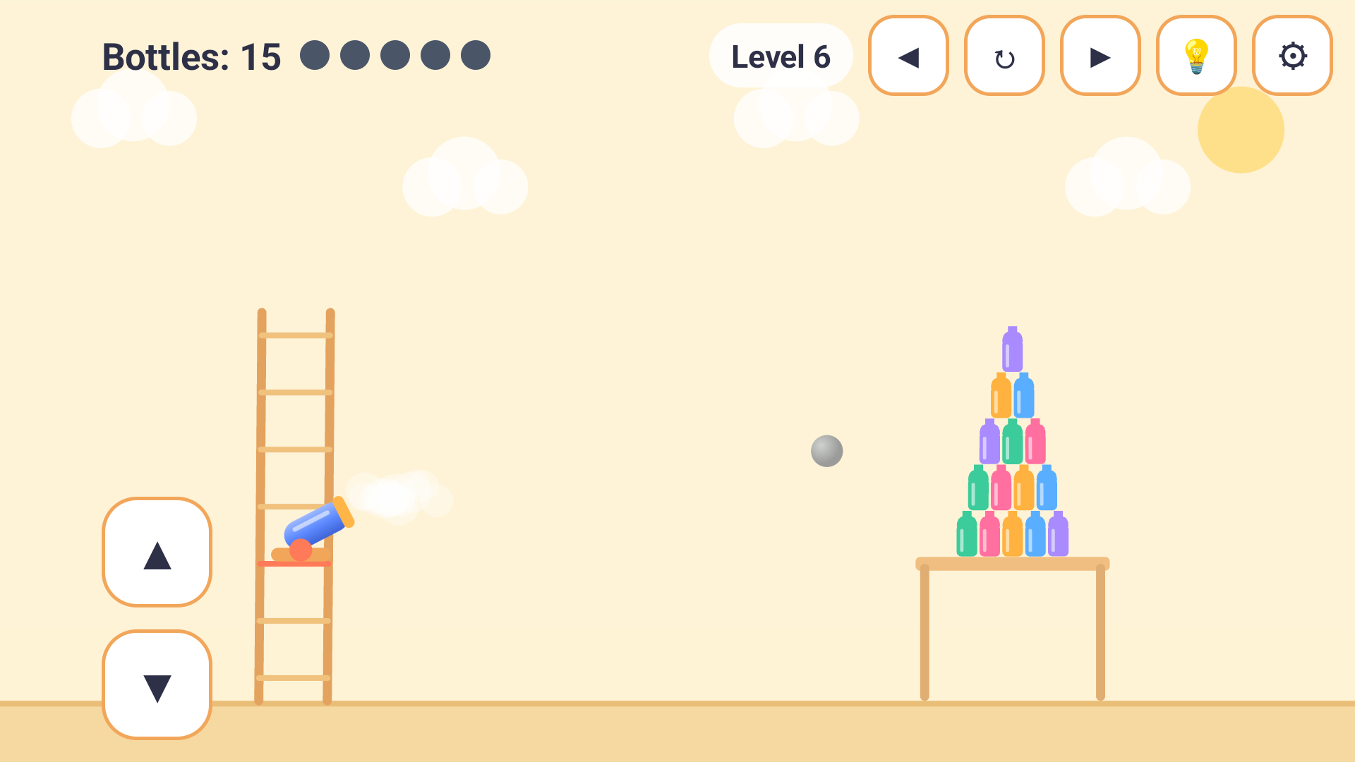 Iron ball flying at a bottle pyramid